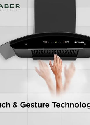 Faber 90cm 1400 m³/hr Autoclean Kitchen Chimney|Broad Body|Curved Glass|Filterless |Touch & Gesture Control|Black Finish|12Yr Warranty on Motor 2Yr Comprehensive by Faber|HOOD TITANIUM IN HC SC FL 90 