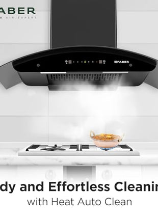 Faber 90cm 1400 m³/hr Autoclean Kitchen Chimney|Broad Body|Curved Glass|Filterless |Touch & Gesture Control|Black Finish|12Yr Warranty on Motor 2Yr Comprehensive by Faber|HOOD TITANIUM IN HC SC FL 90 