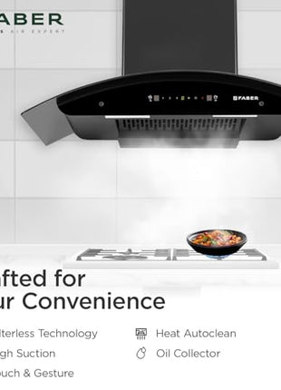 Faber 90cm 1400 m³/hr Autoclean Kitchen Chimney|Broad Body|Curved Glass|Filterless |Touch & Gesture Control|Black Finish|12Yr Warranty on Motor 2Yr Comprehensive by Faber|HOOD TITANIUM IN HC SC FL 90 