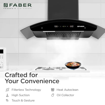 Faber 90cm 1400 m³/hr Autoclean Kitchen Chimney|Broad Body|Curved Glass|Filterless |Touch & Gesture Control|Black Finish|12Yr Warranty on Motor 2Yr Comprehensive by Faber|HOOD TITANIUM IN HC SC FL 90 