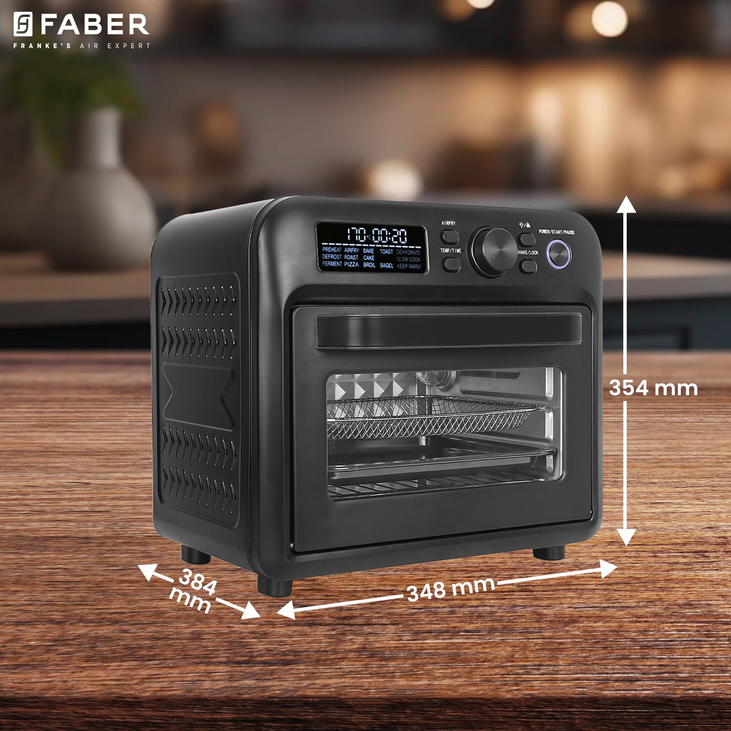 Faber Air Fryer Oven 20L, Digital Control, Bake Tray, SS Wire Tray & Basket, Crumb Tray, Rotisserie Kit | 15 Preset Auto Program | Bake,Roast,Fry,Toast,Defrost | FAO 20L BK 15DF 