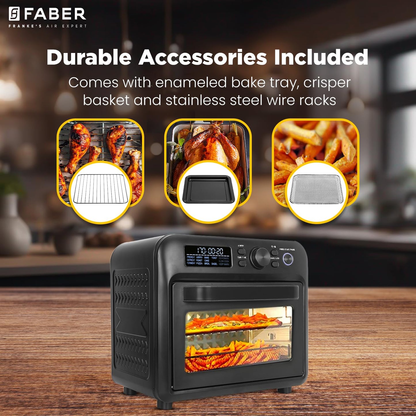 Faber Air Fryer Oven 20L, Digital Control, Bake Tray, SS Wire Tray & Basket, Crumb Tray, Rotisserie Kit | 15 Preset Auto Program | Bake,Roast,Fry,Toast,Defrost | FAO 20L BK 15DF 