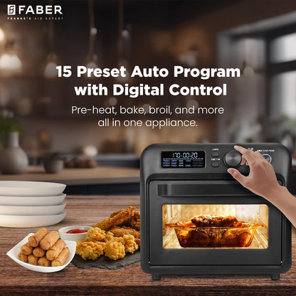 Faber Air Fryer Oven 20L, Digital Control, Bake Tray, SS Wire Tray & Basket, Crumb Tray, Rotisserie Kit | 15 Preset Auto Program | Bake,Roast,Fry,Toast,Defrost | FAO 20L BK 15DF 