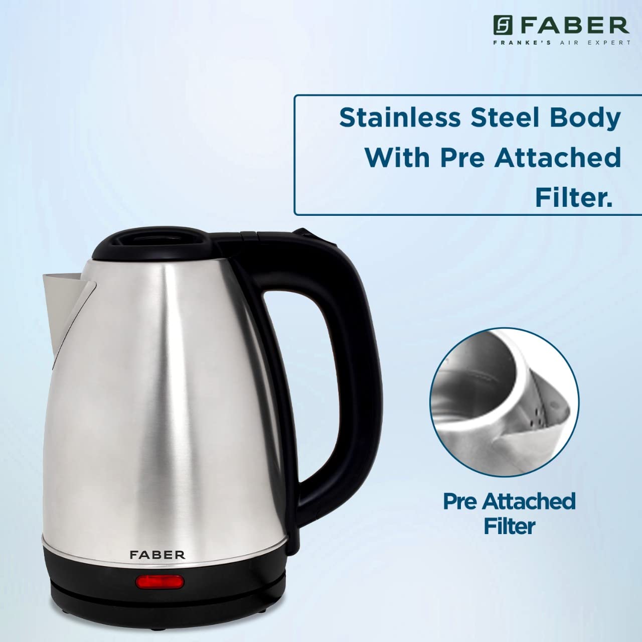 Faber Electric Kettle with Stainless Steel Body, FK 1.8 litres boiler for Water, SS, (FK 1.8L SS) 