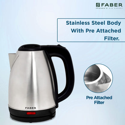 Faber Electric Kettle with Stainless Steel Body, FK 1.8 litres boiler for Water, SS, (FK 1.8L SS) 