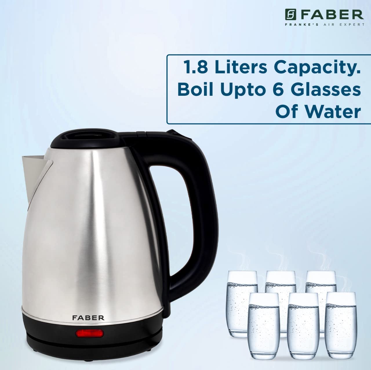 Faber Electric Kettle with Stainless Steel Body, FK 1.8 litres boiler for Water, SS, (FK 1.8L SS) 