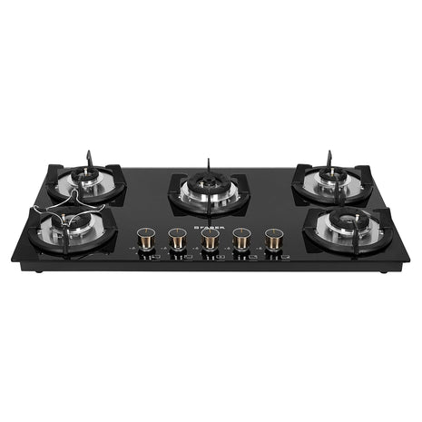 Faber HOB 5 Burner | Auto Ignition | Spillage Proof | HOB SUPERIA HT905 BR AI | Concealed Chamber | Metal Knobs | Pan Support | Black Glass Finish |5 Yr Warranty On Burner & Glass | 1 Yr Comprehensive 