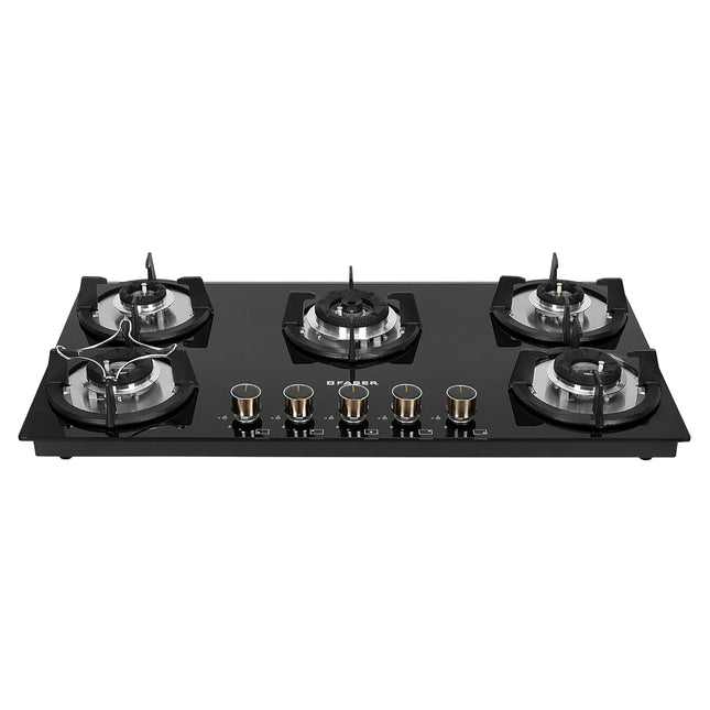 Faber HOB 5 Burner | Auto Ignition | Spillage Proof | HOB SUPERIA HT905 BR AI | Concealed Chamber | Metal Knobs | Pan Support | Black Glass Finish |5 Yr Warranty On Burner & Glass | 1 Yr Comprehensive 