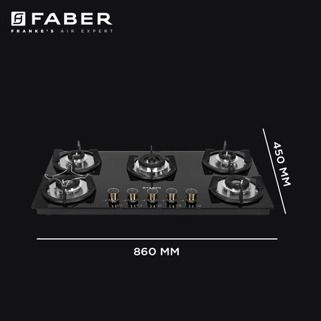 Faber HOB 5 Burner | Auto Ignition | Spillage Proof | HOB SUPERIA HT905 BR AI | Concealed Chamber | Metal Knobs | Pan Support | Black Glass Finish |5 Yr Warranty On Burner & Glass | 1 Yr Comprehensive 