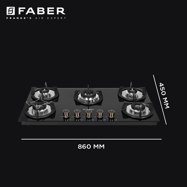 Faber HOB 5 Burner | Auto Ignition | Spillage Proof | HOB SUPERIA HT905 BR AI | Concealed Chamber | Metal Knobs | Pan Support | Black Glass Finish |5 Yr Warranty On Burner & Glass | 1 Yr Comprehensive 