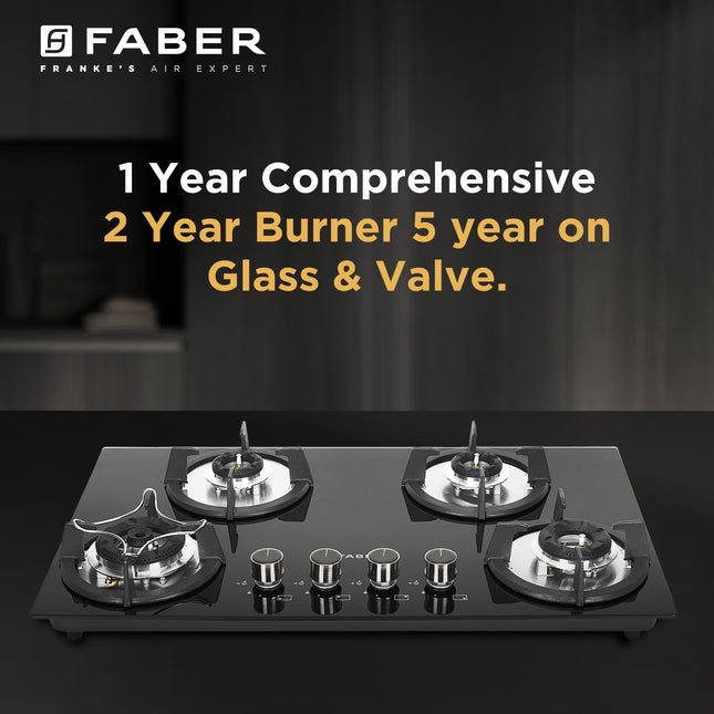 Faber Hob 4 Burner | Auto-Ignition | Spillage Proof | HOB SUPERIA HT764 BR AI | Concealed Chamber | Metal Knobs | Pan Support | Black Glass Finish |5 Yr Warranty on Burner & Glass | 1 Yr comprehensive 