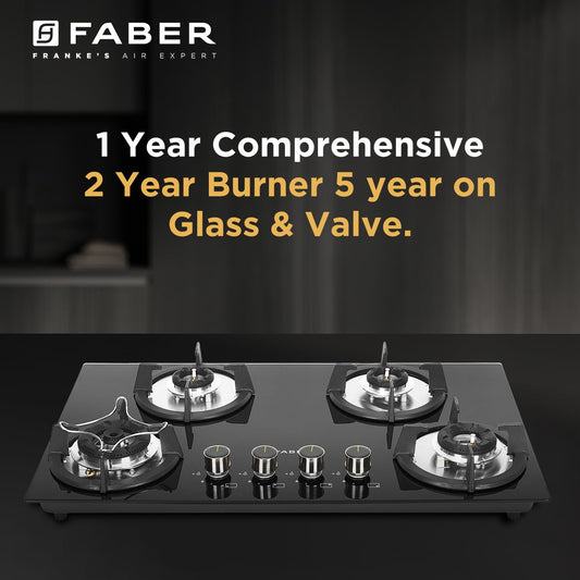 Faber Hob 4 Burner | Auto-Ignition | Spillage Proof | HOB SUPERIA HT764 BR AI | Concealed Chamber | Metal Knobs | Pan Support | Black Glass Finish |5 Yr Warranty on Burner & Glass | 1 Yr comprehensive 