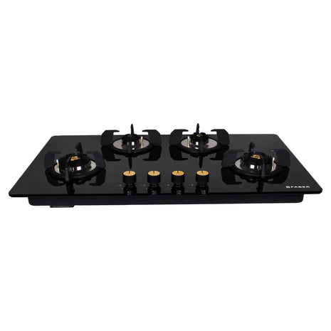 Faber Hob/Hobtop 4 Brass Burner Auto Ignition Glass Top Gas Stove(Maxus HT904 CRS BR CI AI) Black 