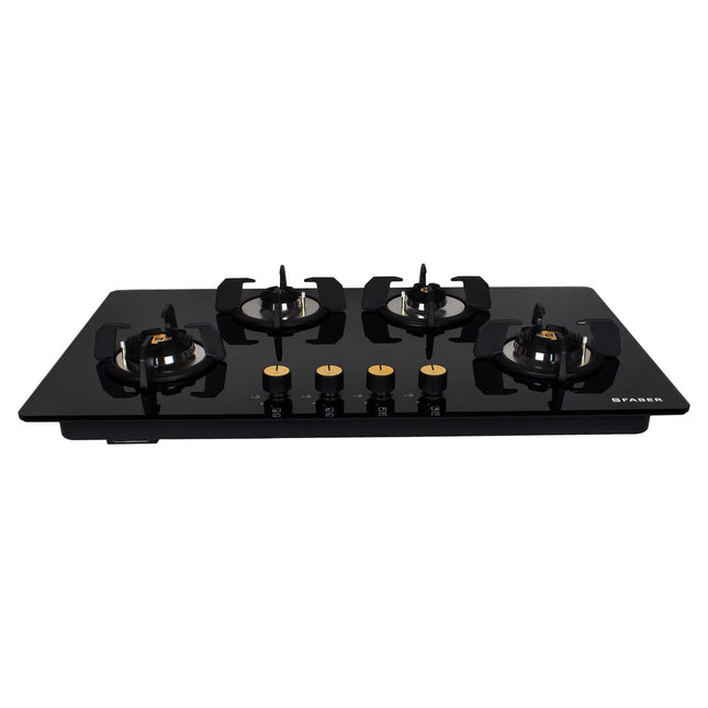 Faber Hob/Hobtop 4 Brass Burner Auto Ignition Glass Top Gas Stove(Maxus HT904 CRS BR CI AI) Black 