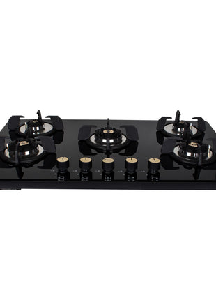 Faber Hob/Hobtop 5 Brass Burner Auto Electric Ignition Glass Top (Maxus HT905 CRS BR CI AI) Black 