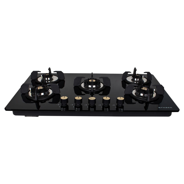 Faber Hob/Hobtop 5 Brass Burner Auto Electric Ignition Glass Top (Maxus HT905 CRS BR CI AI) Black 