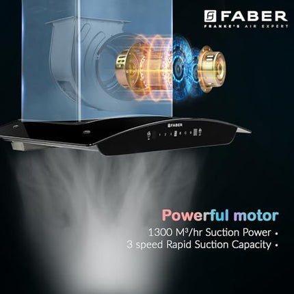 Faber Hood Marcus 60cm 1300 m³/hr Filterless Autoclean Chimney | Touch & Gesture Control | Curved Shaped |12Yr on Motor, 2Yr Comprehensive Warranty by Faber | HOOD MARCUS HC SC BK FL 60, Black 
