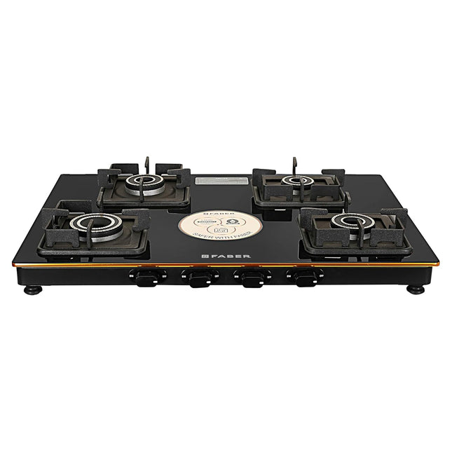 Faber Stylish 4 Brass Burners 69cm Sleek Cooktop |Manual Ignition|MS Powder Coated Pan Support|Black Glass Finish|5 Yrs Warranty Glass & Burners|2 Yrs Comprehensive & Valve| Cooktop Prince Plus 4BB BK 