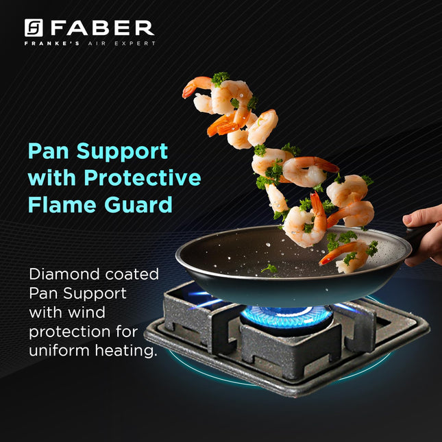 Faber Stylish 4 Brass Burners 69cm Sleek Cooktop |Manual Ignition|MS Powder Coated Pan Support|Black Glass Finish|5 Yrs Warranty Glass & Burners|2 Yrs Comprehensive & Valve| Cooktop Prince Plus 4BB BK 