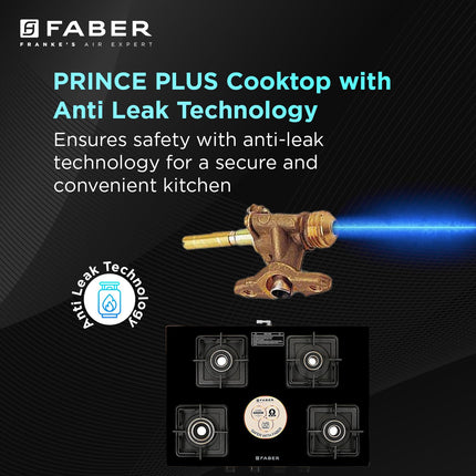 Faber Stylish 4 Brass Burners 69cm Sleek Cooktop |Manual Ignition|MS Powder Coated Pan Support|Black Glass Finish|5 Yrs Warranty Glass & Burners|2 Yrs Comprehensive & Valve| Cooktop Prince Plus 4BB BK 
