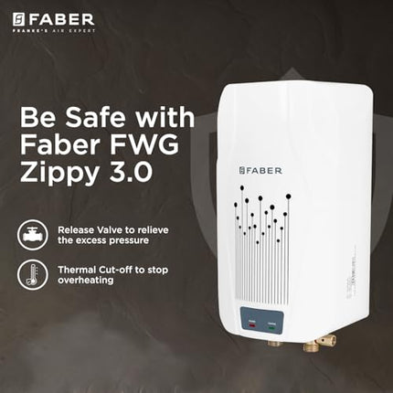Faber Zippy Instant Geyser 3 Litre| 3000W Powerful Heating | Superior Energy Efficiency | Suitable for Kitchen & Bathroom | 5Yr Tank, 3Yr Heating Element 2 Yr Product Warranty by Faber| FWG Zippy 3.0 