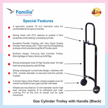 Familia- Steel Heavy Duty LPG Gas Cylinder Trolley with Wheels & Hooks - Easy Grip for Effortless Pickup Carry and Transfer - Robust and Durable Construction (Black) 