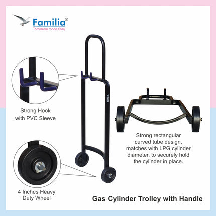 Familia- Steel Heavy Duty LPG Gas Cylinder Trolley with Wheels & Hooks - Easy Grip for Effortless Pickup Carry and Transfer - Robust and Durable Construction (Black) 