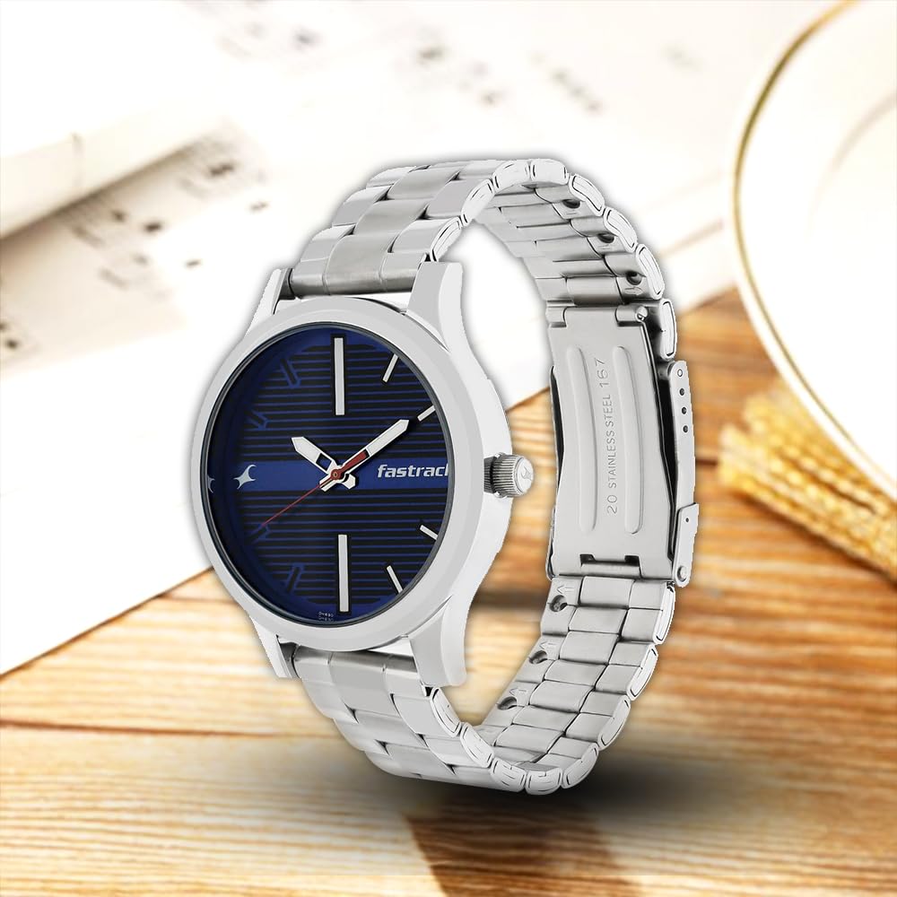 Fastrack Fundamentals Quartz Analog Blue Dial Stainless Steel Strap Watch for Guys-NS38051SM03 