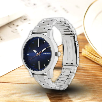 Fastrack Fundamentals Quartz Analog Blue Dial Stainless Steel Strap Watch for Guys-NS38051SM03 