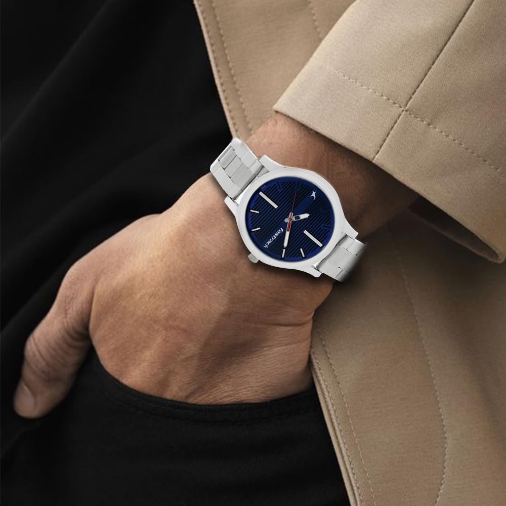 Fastrack Fundamentals Quartz Analog Blue Dial Stainless Steel Strap Watch for Guys-NS38051SM03 