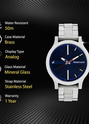 Fastrack Fundamentals Quartz Analog Blue Dial Stainless Steel Strap Watch for Guys-NS38051SM03 