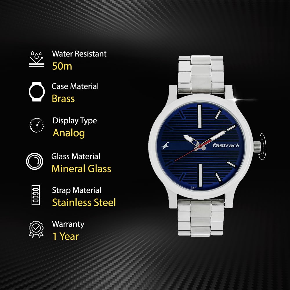 Fastrack Fundamentals Quartz Analog Blue Dial Stainless Steel Strap Watch for Guys-NS38051SM03 