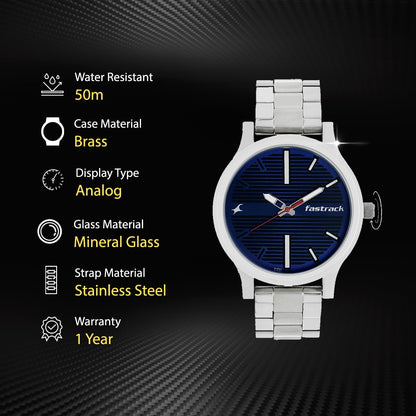 Fastrack Fundamentals Quartz Analog Blue Dial Stainless Steel Strap Watch for Guys-NS38051SM03 
