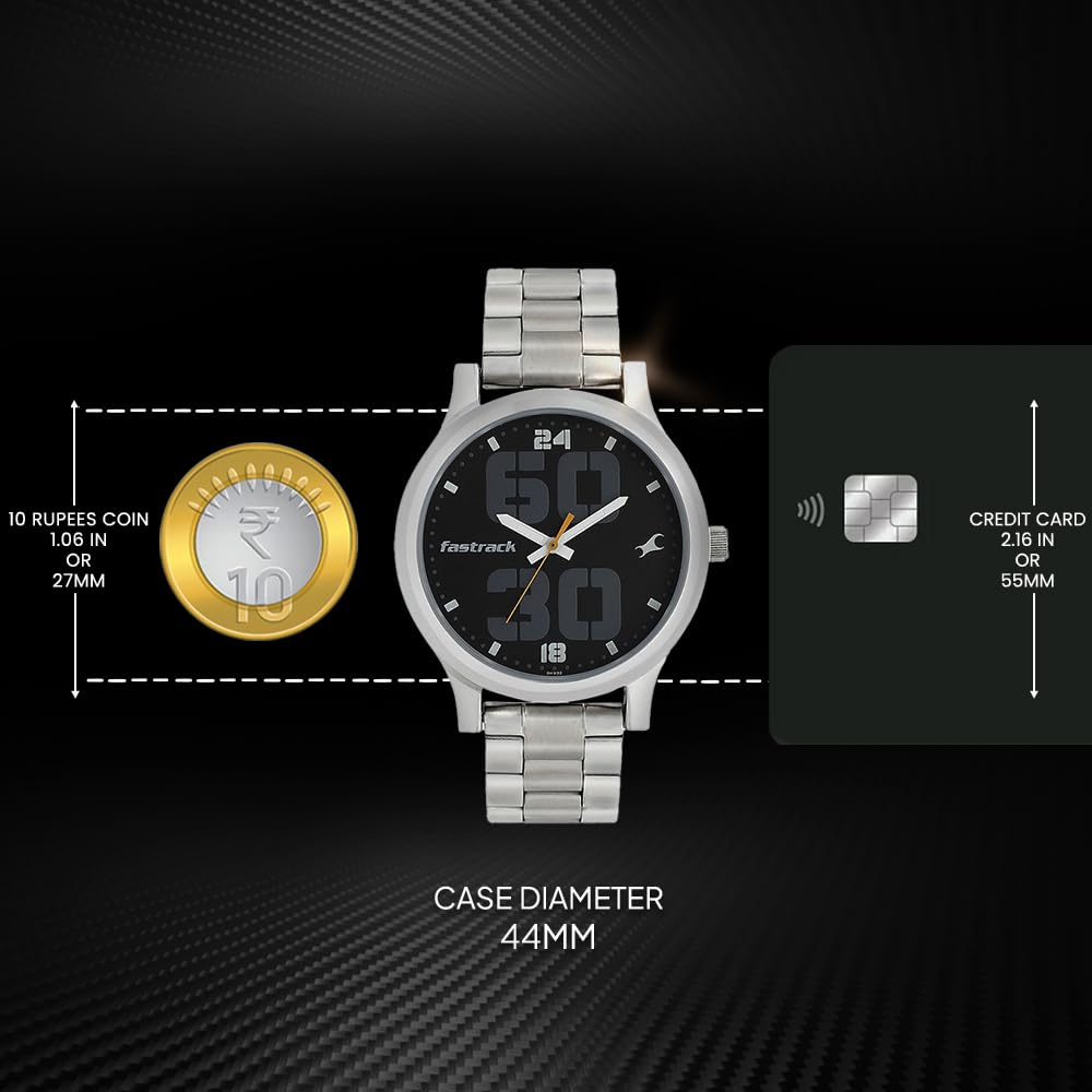 Fastrack Men Bold Quartz Analog Black Dial Stainless Steel Strap Watch for Guys-NS38051SM07 