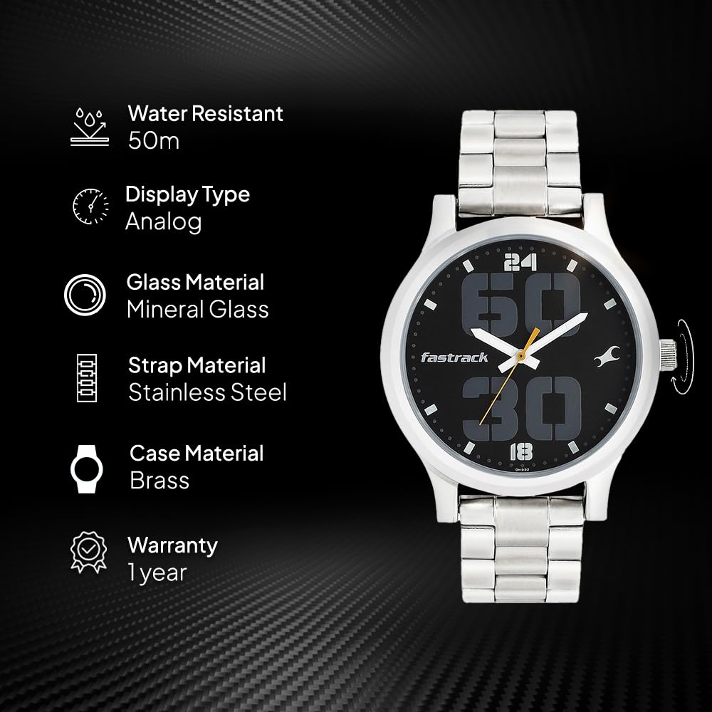 Fastrack Men Bold Quartz Analog Black Dial Stainless Steel Strap Watch for Guys-NS38051SM07 