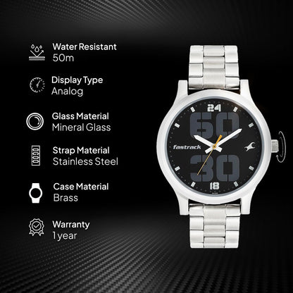 Fastrack Men Bold Quartz Analog Black Dial Stainless Steel Strap Watch for Guys-NS38051SM07 