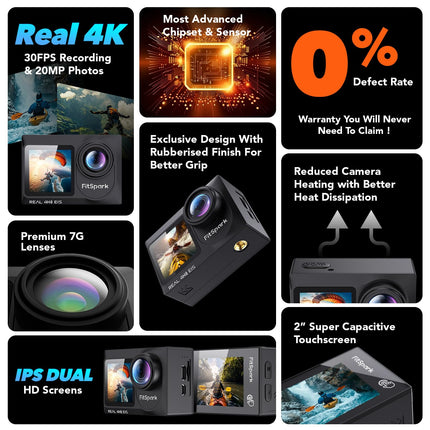 FitSpark Eagle i15 Pro Max Real 4K30FPS Dual Touch Screens WiFi Action Camera Advanced Chipset Sony Sensor EIS 2.0 Stabilization Wide-Angle Supports External MIC Bike Helmet Camera for Moto Vlogging 