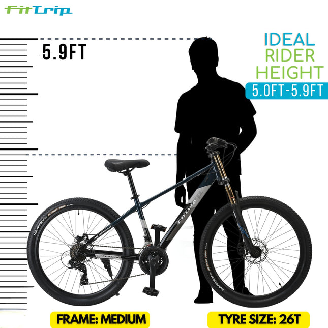 FitTrip Adult Super Dominator 26 Inch Stunt MTB,21 SPD Shimano Gearset | Imported Double Crown Suspension | Jak 7 Dual Disk Brakes | Dual Tone Paintjob with Crystals | Stunt Cycle (Mariana Teal Blue) 