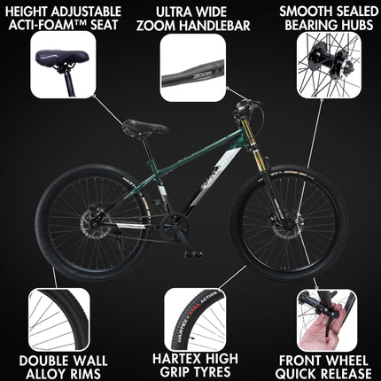 FitTrip Adult Super Dominator Non Gear | 26 Inch Stunt MTB | Imported Double Crown Suspension | 180MM Jak 7 Dual Disk Brakes | Best Single Speed Stunt Cycle (British Racing Green) 