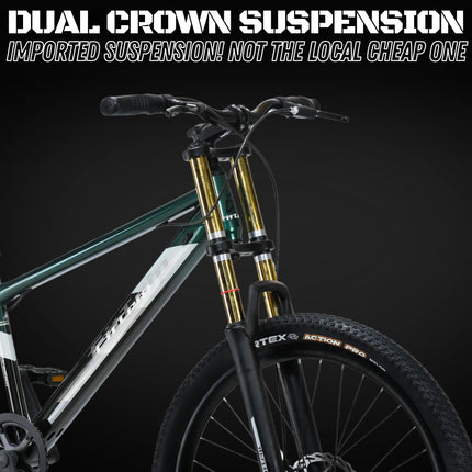 FitTrip Adult Super Dominator Non Gear | 26 Inch Stunt MTB | Imported Double Crown Suspension | 180MM Jak 7 Dual Disk Brakes | Best Single Speed Stunt Cycle (British Racing Green) 