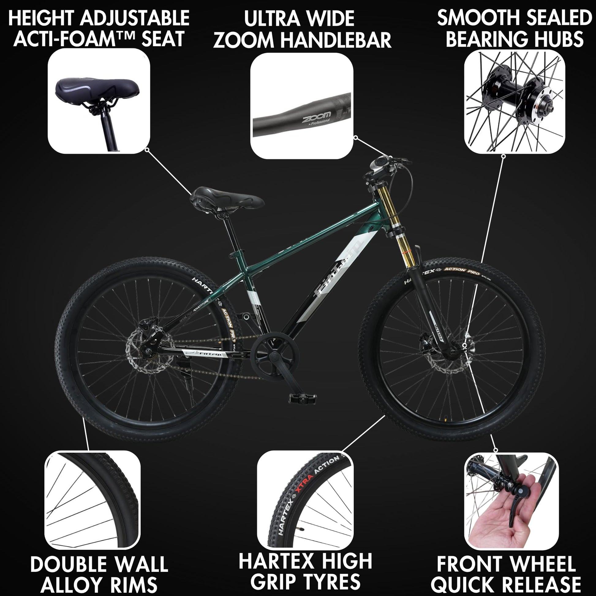 FitTrip Adult Super Dominator Non Gear | 26 Inch Stunt MTB | Imported Double Crown Suspension | 180MM Jak 7 Dual Disk Brakes | Best Single Speed Stunt Cycle (British Racing Green) 
