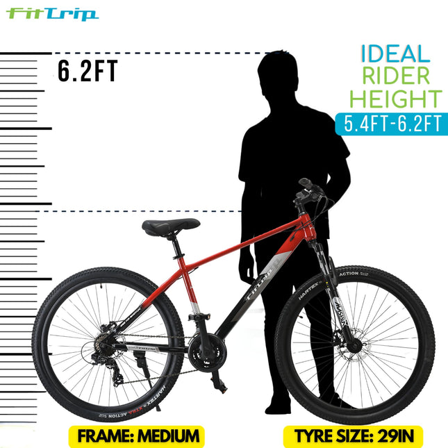 FitTrip Dominator 29 Inch MTB Cycle for Men | 21 SPD Shimano Gearset | Zoom Lockout Suspension | Clarks Dual Disk Brakes | Dual Tone Paintjob with Crystals | Unisex (Rouge Red) 