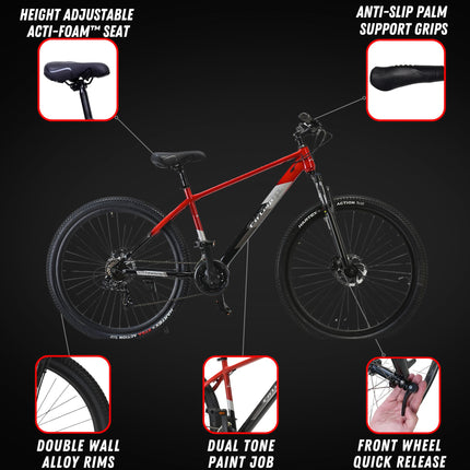 FitTrip Dominator 29 Inch MTB Cycle for Men | 21 SPD Shimano Gearset | Zoom Lockout Suspension | Clarks Dual Disk Brakes | Dual Tone Paintjob with Crystals | Unisex (Rouge Red) 