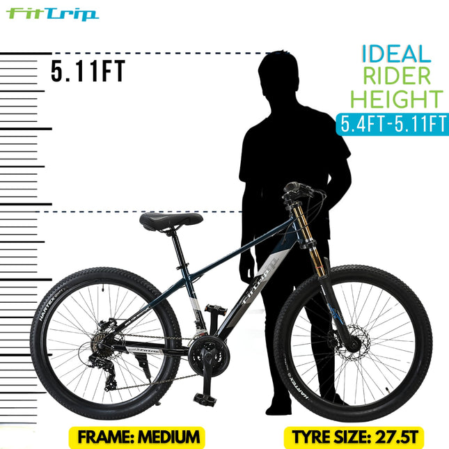 FitTrip Super Dominator 27.5T Stunt MTB | 21 SPD Shimano Gearset | DUALL Crown Suspension | Jak 7 Dual Disk Brakes | Dual Tone Paintjob with Crystals | Stunt Cycle (Mariana Teal Blue) 