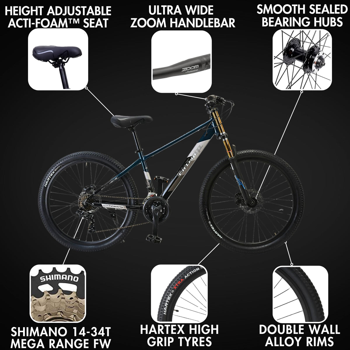 FitTrip Super Dominator 27.5T Stunt MTB | 21 SPD Shimano Gearset | DUALL Crown Suspension | Jak 7 Dual Disk Brakes | Dual Tone Paintjob with Crystals | Stunt Cycle (Mariana Teal Blue) 
