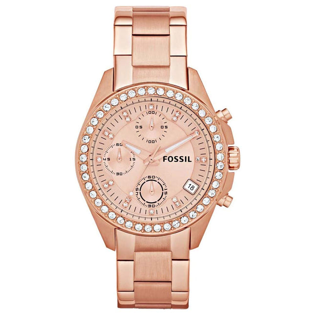 Fossil Chronograph Rose Gold Dial Women Watch ES3352 Stainless Steel, Rose Gold Strap 