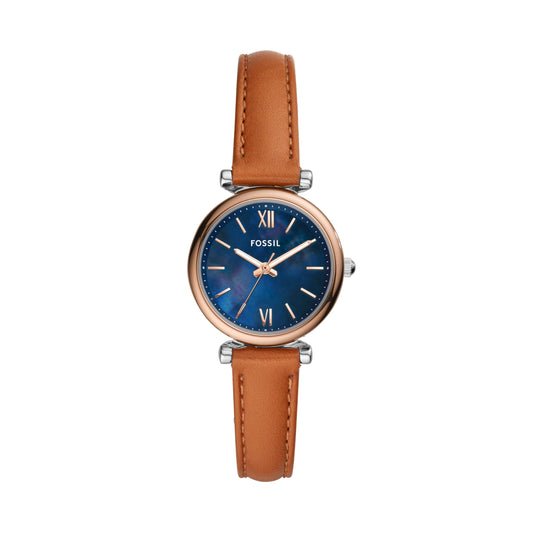 Fossil Women Leather Carlie Mini Analog Blue Dial Watch-Es4701, Band Color-Brown 