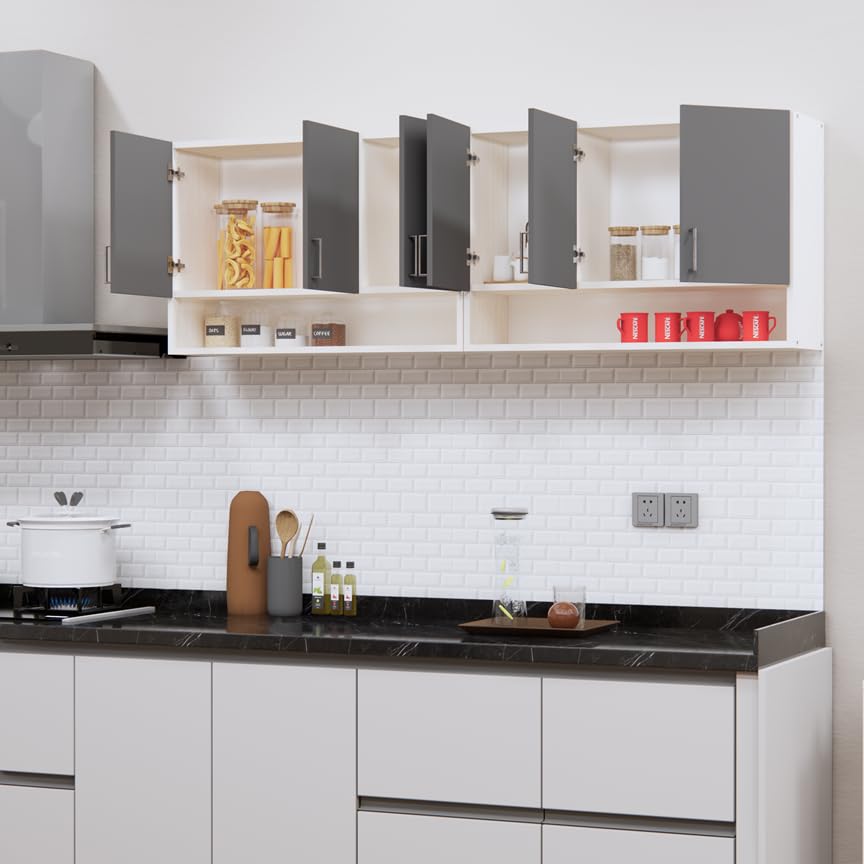 Furnesta 6-Door Modular Kitchen Wall Cabinet, Slated Grey & Highland Pine, Termite-Proof Borer-Proof Engineered Wood, Wall-Mount, Storage Organizer 