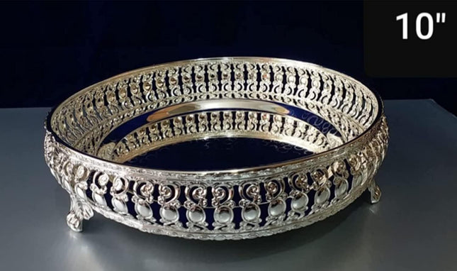 G K EXCLUSIVE™ German Silver Tray, Best Gift for Diwali, Anniversary, House Warming, Birthday (10inch), Round Shape 