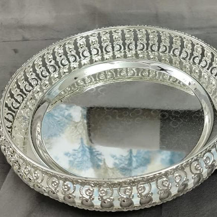 G K EXCLUSIVE™ German Silver Tray, Best Gift for Diwali, Anniversary, House Warming, Birthday (10inch), Round Shape 